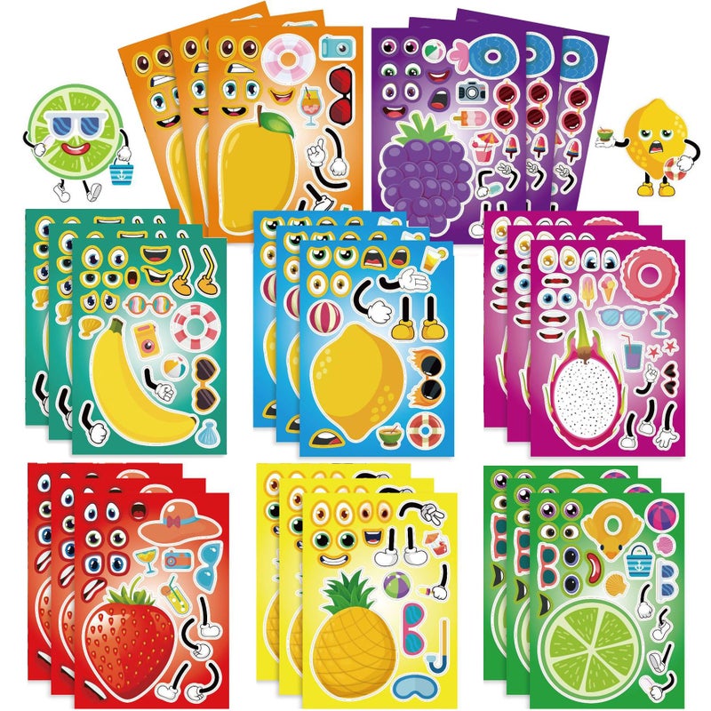 T-Antrix 24 Sheets Make Your Own Fruit Stickers Make A Face Stickers for Kids Toddlers with Cartoon Fruit Summer Hawaii Theme Characters Stickers Kids Party Favor Supplies Crafts - Image 1